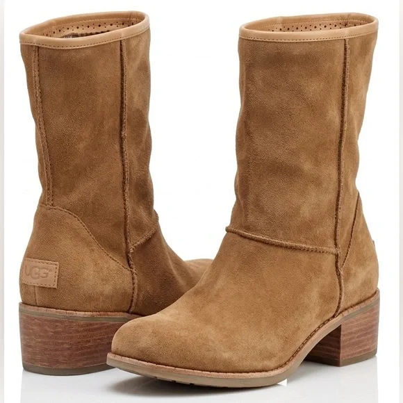 UGG Cyrinda Unlined Stacked Heel Suede Boots in Chestnut - Picture 1 of 11